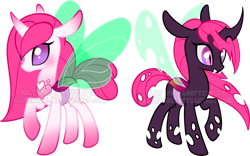 Size: 900x563 | Tagged: safe, artist:sakuyamon, oc, oc only, species:changeling, species:reformed changeling, adoptable, duality, pink, pink changeling, simple background, transparent background, watermark