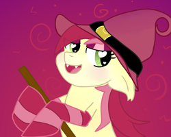 Size: 1000x800 | Tagged: safe, artist:kiwiscribbles, character:roseluck, broom, clothing, fangs, flying, flying broomstick, halloween, hat, heart eyes, holiday, socks, striped socks, wingding eyes, witch, witch hat