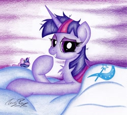 Size: 1024x935 | Tagged: safe, artist:thechrispony, character:starlight glimmer, character:trixie, character:twilight sparkle, bed, bedroom eyes, bedsheets, chest fluff, female, looking at you, messy mane, morning ponies, plushie, smiling, traditional art