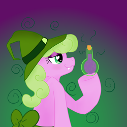 Size: 5000x5000 | Tagged: safe, artist:kiwiscribbles, character:daisy, absurd resolution, bow, clothing, fangs, female, gradient background, halloween, hat, heart eyes, holiday, potion, solo, wingding eyes, witch, witch hat