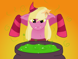 Size: 1000x750 | Tagged: safe, artist:kiwiscribbles, character:lily, character:lily valley, species:pony, clothing, fangs, female, halloween, hat, holiday, mare, socks, solo, striped socks, witch hat