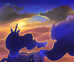 Size: 6000x5000 | Tagged: safe, artist:mylittlegodzilla, character:princess luna, species:alicorn, species:pony, absurd resolution, cloud, color porn, female, mare, rear view, sky, small wings, solo, sunset