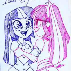 Size: 1080x1080 | Tagged: safe, artist:antych, character:twilight sparkle, character:twilight sparkle (scitwi), species:eqg human, my little pony:equestria girls, bow, cute, duality, glasses, ponytail, smiling, traditional art, twiabetes, twolight