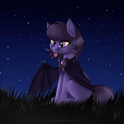Size: 2000x2000 | Tagged: safe, artist:chickenbrony, oc, oc only, oc:ariadne, species:bat pony, bow, crazy eyes, night, short hair, sitting, solo, tongue out, ych result