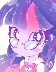 Size: 3218x4096 | Tagged: safe, artist:hungrysohma, character:twilight sparkle, character:twilight sparkle (scitwi), species:eqg human, species:human, my little pony:equestria girls, blushing, bow, bow tie, bust, clothing, cute, female, glasses, looking at you, portrait, simple background, smiling, solo, sweet dreams fuel, twiabetes, white background