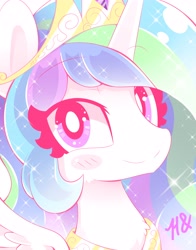 Size: 3218x4096 | Tagged: safe, artist:hungrysohma, character:princess celestia, species:alicorn, species:pony, blush sticker, blushing, bust, chest fluff, crown, cute, cutelestia, female, jewelry, looking at you, mare, multicolored hair, portrait, praise the sun, purple eyes, regalia, royalty, smiling, solo, sparkles, sweet dreams fuel, wings