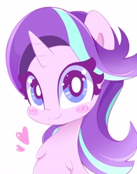Size: 3218x4096 | Tagged: safe, artist:hungrysohma, character:starlight glimmer, species:pony, species:unicorn, blush sticker, blushing, bust, chest fluff, cute, female, floating heart, fluffy, glimmerbetes, heart, looking at you, mare, neck fluff, simple background, smiling, solo, sweet dreams fuel, white background
