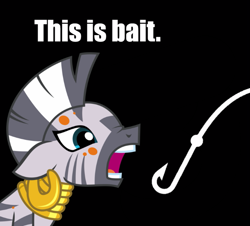 Size: 663x599 | Tagged: safe, artist:trini-mite, character:zecora, species:zebra, episode:a health of information, g4, my little pony: friendship is magic, bait, black background, female, reaction image, simple background, solo, swamp fever, this is bait