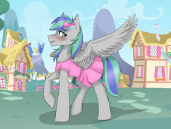 Size: 1024x768 | Tagged: safe, artist:chickenbrony, oc, oc only, oc:storm feather, species:pegasus, species:pony, blushing, bow, clothing, crossdressing, hair bow, magic, male, ponyville, skirt, solo