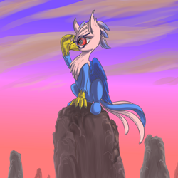 Size: 2000x2000 | Tagged: safe, artist:kovoranu, oc, oc only, oc:vivian iolani, species:classical hippogriff, species:hippogriff, cloud, cloudy, female, glasses, red eyes, simple background, solo, sunset