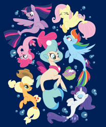 Size: 800x963 | Tagged: safe, artist:xkappax, character:applejack, character:fluttershy, character:pinkie pie, character:princess skystar, character:rainbow dash, character:rarity, character:spike, character:twilight sparkle, character:twilight sparkle (alicorn), species:alicorn, species:pony, species:seapony (g4), my little pony: the movie (2017), clothing, mane seven, mane six, merchandise, puffer fish, seaponified, seapony applejack, seapony fluttershy, seapony pinkie pie, seapony rainbow dash, seapony rarity, seapony twilight, shirt, species swap, spike the pufferfish, t-shirt