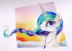 Size: 1280x902 | Tagged: safe, artist:lailyren, artist:moonlight-ki, character:princess celestia, species:pony, braided ponytail, female, looking at you, mare, smiling, solo