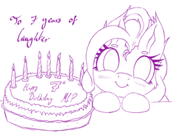 Size: 1934x1516 | Tagged: safe, artist:bigshot232, character:pinkie pie, birthday candles, blushing, cake, food, happy birthday mlp:fim, mlp fim's seventh anniversary, smiling