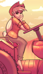 Size: 1089x1875 | Tagged: safe, artist:subjectnumber2394, character:applejack, species:human, barefoot, clothing, feet, female, humanized, looking at you, pants, shirt, solo, tractor