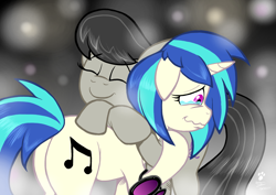 Size: 1754x1240 | Tagged: safe, artist:duragan, character:dj pon-3, character:octavia melody, character:vinyl scratch, species:earth pony, species:pony, species:unicorn, ship:scratchtavia, comforting, crying, cute, dawwww, eyes closed, feels, female, floppy ears, holding a pony, hug, huggle, lesbian, love, mare, shine, shipping, smiling, story, sunglasses, tavibetes, vinylbetes