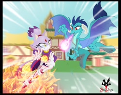 Size: 1762x1388 | Tagged: safe, artist:brodogz, character:princess ember, species:dragon, blaze the cat, commission, crossover, fight, fire, fireball, ponyville, sonic the hedgehog (series)