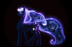 Size: 1842x1200 | Tagged: safe, artist:mylittlegodzilla, character:princess luna, species:alicorn, species:pony, black background, female, galaxy mane, glowing eyes, mare, missing accessory, simple background, solo