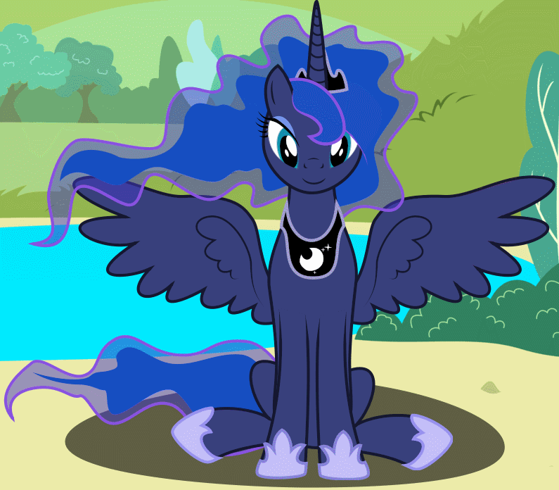 Size: 795x696 | Tagged: safe, artist:iknowpony, character:princess luna, species:alicorn, species:pony, animated, boop, cursor, eyes closed, female, flash game, game, gif, hooves, horn, jewelry, looking at you, mare, petting, regalia, simulator, sitting, smiling, solo, spread wings, tiara, tree, video game, wings