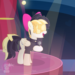 Size: 2538x2533 | Tagged: safe, alternate version, artist:comfydove, character:songbird serenade, species:pegasus, species:pony, my little pony: the movie (2017), bow, clothing, female, hair bow, hoof hold, indoors, lights, mare, microphone, open mouth, signature, singing, solo, stage, standing