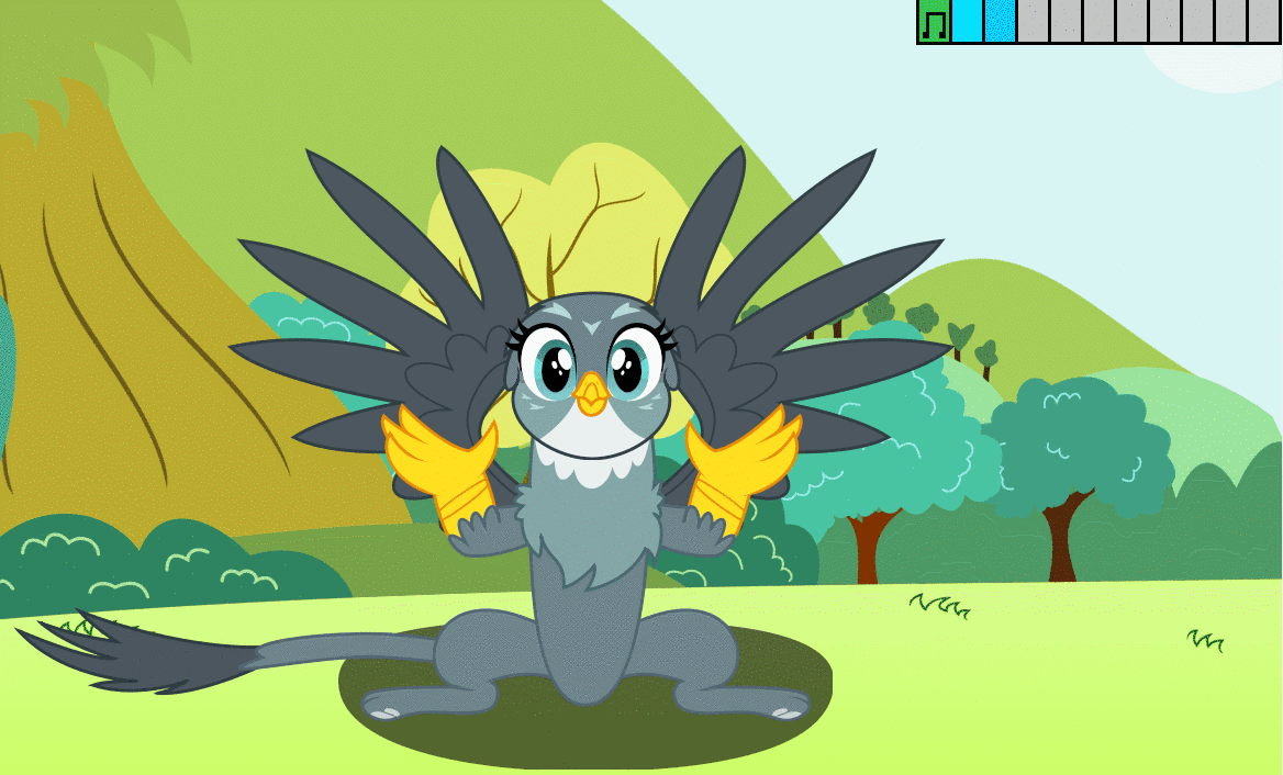 Size: 1168x706 | Tagged: safe, artist:iknowpony, character:gabby, species:griffon, animated, cursor, female, flash game, game, gif, open mouth, petting, simulator, sitting, solo, spread wings, tree, video game, wings