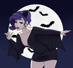 Size: 2485x2321 | Tagged: safe, artist:fairdahlia, character:rarity, species:bat, species:bat pony, species:human, absolute cleavage, breasts, cleavage, clothing, costume, elvira, female, full moon, halloween, holiday, humanized, lipstick, looking at you, moon, night, race swap, raribat, smiling, solo
