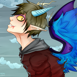 Size: 800x800 | Tagged: safe, artist:twigileia, artist:yahijustlovedragons, character:discord, species:human, blood, clothing, cloud, cloudy, collaboration, elf ears, hoodie, horned humanization, humanized, male, neck, red eyes, slit eyes, smiling, solo, winged humanization, wings, younger