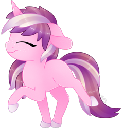 Size: 650x680 | Tagged: safe, artist:amberpone, oc, oc only, oc:primnote, species:pony, species:unicorn, adult, adult blank flank, blank flank, cute, digital art, female, freckles, happy, hooves, horn, mare, paint tool sai, pink, purple, purple hair, simple background, smiling, solo, transparent background