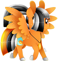 Size: 440x460 | Tagged: safe, artist:amberpone, oc, oc only, oc:clownfish, species:pegasus, species:pony, black, cutie mark, digital art, eyes open, food, freckles, grey hair, hooves, jewelry, necklace, orange, original character do not steal, paint tool sai, ponytail, red eyes, shading, simple background, smiling, solo, transparent background, walking, wings, yellow