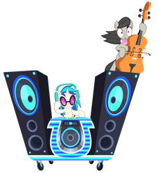 Size: 8112x8914 | Tagged: safe, artist:greenmachine987, character:dj pon-3, character:octavia melody, character:vinyl scratch, species:earth pony, species:pony, species:unicorn, episode:slice of life, g4, my little pony: friendship is magic, absurd resolution, cello, female, mare, musical instrument, open mouth, shocked, simple background, transparent background, turntable, vector, wubcart