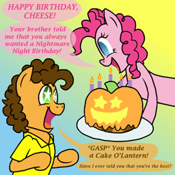 Size: 850x850 | Tagged: safe, artist:crazynutbob, character:cheese sandwich, character:pinkie pie, birthday, cake, cake-o-lantern, candle, dialogue, food, gradient background, halloween, holiday, jack-o-lantern, pumpkin, starry eyes, wingding eyes
