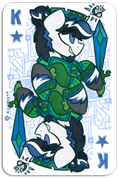 Size: 400x600 | Tagged: safe, artist:azimooth, oc, oc only, oc:jacob star seeker, species:pony, species:unicorn, blue eyes, cutie mark, facial hair, goatee, king, playing card, ponytail, sideburns, skunk stripe, smiling, sword, unshorn fetlocks, weapon