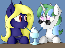 Size: 5000x3730 | Tagged: safe, artist:renderpoint, oc, oc only, oc:butter cream, oc:crescent, species:bat pony, species:pony, species:unicorn, bat pony oc, best friends, blind, commission, cross, fangs, female, glasses, jewelry, looking at each other, mare, milkshake, pendant, sharing a drink, sipping, straw