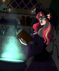 Size: 2056x2458 | Tagged: safe, artist:fairdahlia, character:sunset shimmer, species:human, book, breasts, candle, cat, cauldron, clothing, halloween, hat, holiday, humanized, skull, smiling, witch, witch hat