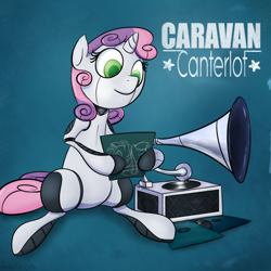 Size: 800x800 | Tagged: safe, artist:subjectnumber2394, character:sweetie belle, species:pony, species:unicorn, sweetie bot, album cover, caravan palace, female, filly, gramophone, hooves, horn, open mouth, ponified, ponified album cover, robot, sitting, solo, text