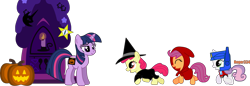 Size: 11536x3980 | Tagged: safe, artist:roger334, character:apple bloom, character:scootaloo, character:sweetie belle, character:twilight sparkle, species:pegasus, species:pony, clothing, costume, cutie mark crusaders, decoration, fake cutie mark, golden oaks library, halloween, holiday, jack-o-lantern, mare in the moon, moon, nightmare night, optimus prime, pumpkin, red riding hood, simple background, transparent background, trick or treat, witch