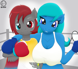 Size: 3400x3000 | Tagged: safe, artist:jessesmash32, oc, oc only, oc:nina dasher, oc:shadow flare, species:anthro, species:pegasus, species:pony, bipedal, boxer, boxing, boxing gloves, boxing ring, breasts, clothing, glasses, heterochromia, hug, midriff, smiling, sports, sports bra