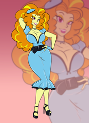 Size: 1280x1760 | Tagged: safe, artist:toughset, character:adagio dazzle, fanfic:her way with words, equestria girls:rainbow rocks, g4, my little pony: equestria girls, my little pony:equestria girls, arm behind head, bedroom eyes, beret, big breasts, breasts, busty adagio dazzle, cleavage, clothing, curvy, dress, fanfic art, female, hand on hip, hat, high heels, hips, hourglass figure, latex, latex dress, lipstick, looking at you, pinup, sandals, shoes, smiling, solo, stupid sexy adagio dazzle, tight clothing, wide hips, zoom layer