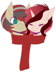 Size: 1024x1316 | Tagged: safe, artist:shiromidorii, edit, oc, oc only, oc:berry blitz, oc:cheat code, species:earth pony, species:pony, species:unicorn, beanie, berrycode, bust, clothing, couple, duo, ear fluff, eyes closed, hat, scarf, shared clothing, shared scarf, simple background, smiling, transparent background