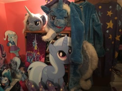 Size: 3264x2448 | Tagged: safe, artist:atalonthedeer, artist:cutiecorral, artist:judhudson, character:trixie, my little pony:equestria girls, 4de, cape, clothing, diecut, fursuit, fursuit head, irl, multeity, photo, plushie, trixie army, trixie day, twilight's castle