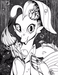 Size: 3262x4175 | Tagged: safe, artist:alts-art, character:princess skystar, species:seapony (g4), inktober, g4, my little pony: the movie (2017), angler seapony, bioluminescent, female, freckles, glow, grayscale, looking at you, monochrome, open mouth, shelldon, shelly, smiling, solo, traditional art