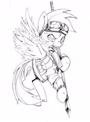 Size: 4928x6627 | Tagged: safe, artist:alts-art, character:rainbow dash, species:pony, inktober, absurd resolution, cid highwind, cigarette, clothing, cosplay, costume, crossover, female, final fantasy, final fantasy vii, goggles, mare, monochrome, open mouth, simple background, sketch, smiling, smoking, solo, spear, weapon