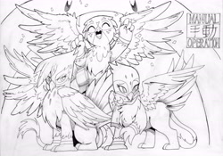 Size: 6588x4617 | Tagged: safe, artist:alts-art, character:gabby, character:gilda, character:greta, species:griffon, inktober, absurd resolution, black and white, eyes closed, female, final fantasy, final fantasy vii, grayscale, griffon trio, ink drawing, monochrome, open mouth, simple background, smiling, spread wings, traditional art, white background, wings