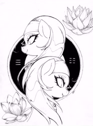 Size: 5229x7070 | Tagged: safe, artist:alts-art, character:aloe, character:lotus blossom, species:pony, inktober, absurd resolution, cutie mark background, duo, duo female, female, looking at you, mare, monochrome, open mouth, smiling, spa twins, traditional art