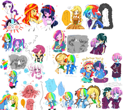 Size: 2625x2350 | Tagged: dead source, safe, artist:lotte, character:applejack, character:aria blaze, character:dean cadance, character:indigo zap, character:princess cadance, character:rainbow dash, character:rarity, character:scootaloo, character:sunny flare, character:sunset shimmer, character:twilight sparkle, character:twilight sparkle (alicorn), species:alicorn, species:pegasus, species:pony, ship:appledash, ship:sunsetsparkle, ship:twidash, episode:friendship through the ages, equestria girls:friendship games, g4, my little pony: equestria girls, my little pony:equestria girls, alternate costumes, blood, blushing, blushing profusely, cake, clothing, compilation, cute, cutealoo, cutedance, dashabetes, eyes closed, female, floral head wreath, flower, flower in hair, food, heart, high res, japanese, lesbian, looking at each other, nosebleed, pocky, shimmerbetes, shipping, starry eyes, sunnyzap, twiabetes, wingding eyes