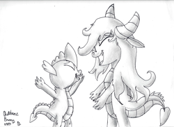 Size: 2324x1700 | Tagged: safe, artist:chiptunebrony, character:mina, character:spike, species:dragon, black and white, cursive writing, cute, date, female, grayscale, happy, implied hugging, inked, male, minabetes, monochrome, open arms, open mouth, shading, shipping, signature, smiling, spikabetes, spina, straight, traditional art