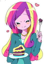 Size: 338x486 | Tagged: safe, artist:lotte, character:dean cadance, character:princess cadance, my little pony:equestria girls, blush sticker, blushing, cake, cute, cutedance, dishes, eyes closed, food, fork, heart