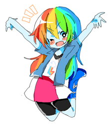 Size: 394x445 | Tagged: safe, artist:lotte, character:rainbow dash, my little pony:equestria girls, blush sticker, blushing, cropped, cute, dashabetes, jumping, one eye closed, wink