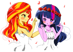Size: 879x629 | Tagged: safe, artist:lotte, character:sunset shimmer, character:twilight sparkle, ship:sunsetsparkle, my little pony:equestria girls, blush sticker, blushing, clothing, cute, dress, female, floral head wreath, flower, flower petals, lesbian, looking at each other, shimmerbetes, shipping, summer dress, twiabetes
