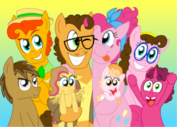 Size: 2001x1438 | Tagged: safe, artist:crazynutbob, character:cheese sandwich, character:pinkie pie, oc, oc:berry blast, oc:cheesecake chase, oc:fudge fondue, oc:pizza pockets, oc:rocky road, oc:sugar surprise, parent:cheese sandwich, parent:pinkie pie, parents:cheesepie, species:pegasus, species:pony, species:unicorn, ship:cheesepie, baby, baby pony, bandana, boater, bow tie, cheering, clothing, diaper, facial hair, family photo, female, flapping, foal, freckles, glasses, gradient background, headband, jacket, male, next generation, offspring, older, screwdriver, shipping, straight, teething, tooth gap, toy