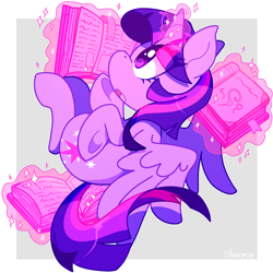 Size: 900x900 | Tagged: safe, artist:sharmie, character:twilight sparkle, character:twilight sparkle (alicorn), species:alicorn, species:pony, book, female, glowing horn, magic, mare, open mouth, solo, telekinesis, that pony sure does love books